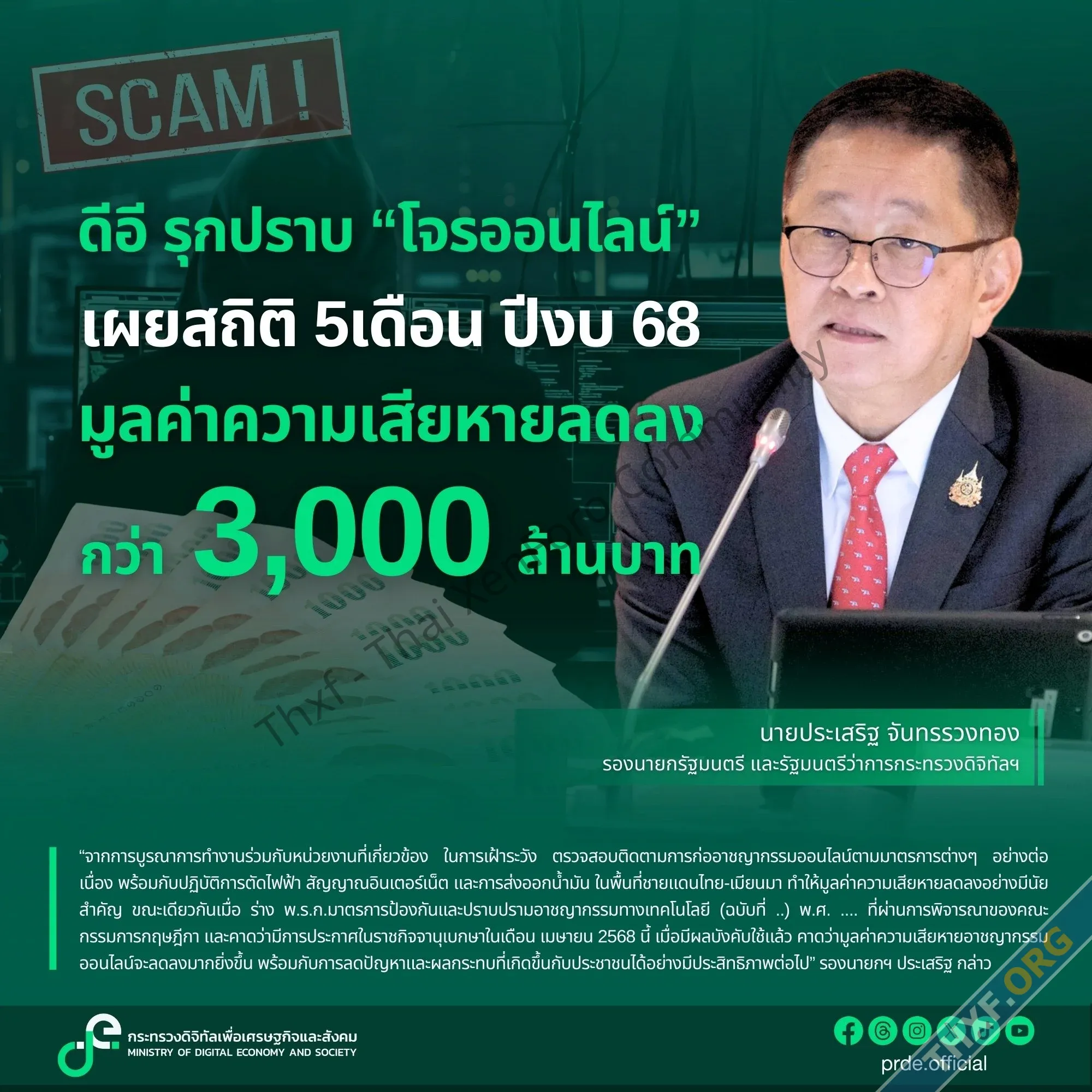 กระทรวงดีอีเผยมูลค่าความเสียหายโจรออนไลน์ ลดลง 3335 ล้านบาท ภายใน 5 เดือน ปีงบประมาณ 2025-1.webp