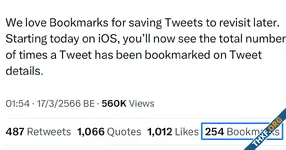 โชว์ทุกตัวเลข! Twitter เริ่มแสดงจำนวนที่แต่ละทวีตถูก Bookmark แล้ว