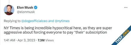 Musk ทวีตแซะ New York Times ว่า “ปากว่าตาขยิบ” หลังสำนักข่าว ไม่จ่าย Twitter แต่มีสมัครสมาชิก