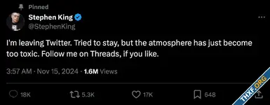 สตีเฟน คิง ประกาศเลิกใช้ X เพราะ Toxic เกินไป ชวนแฟนคลับตามต่อใน Threads