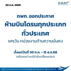 สำนักงานการบินพลเรือนแห่งประเทศไทย ประกาศห้ามบินโดรนทุกชนิดทั่วประเทศถึง 15 สิงหาคม ยกเว้นหน่...webp สำนักงานการบินพลเรือนแห่งประเทศไทย ประกาศห้ามบินโดรนทุกชนิดทั่วประเทศถึง 15 สิงหาคม ยกเว้นหน่...webp