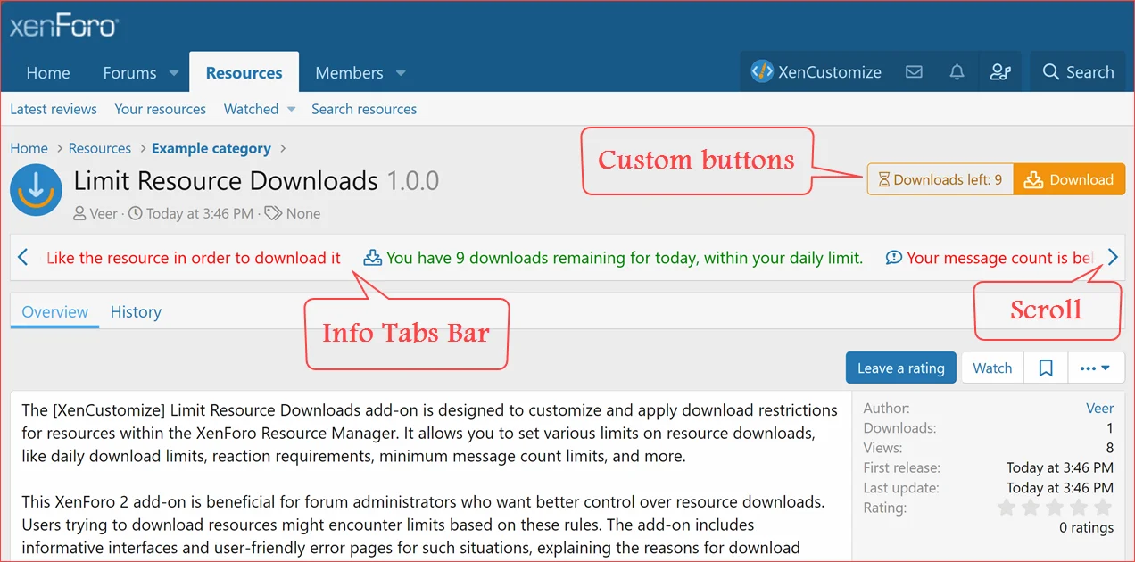 Limit Resource Downloads Info Tabs Bar